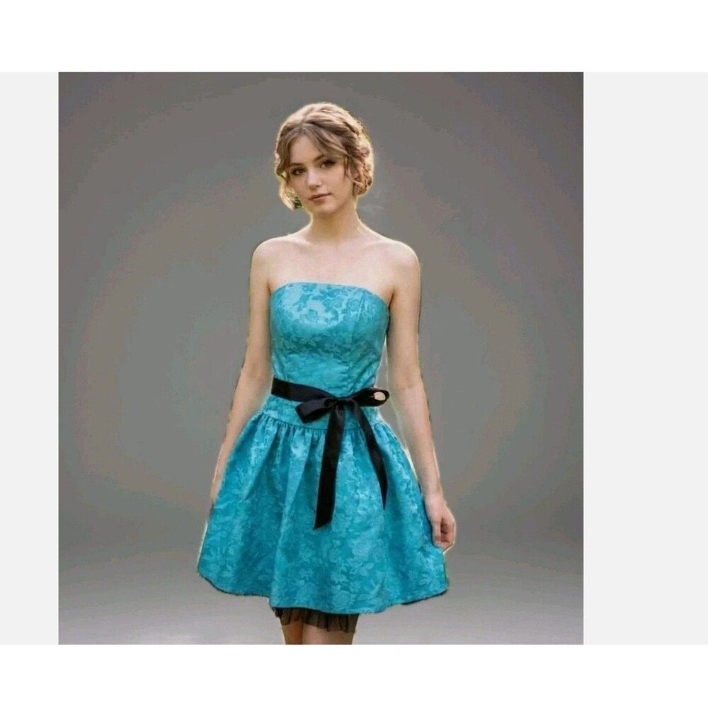 Y2K Teal Strapless Homecoming Dress Jessica McClintock Gunne Sax Brocade XXS 00